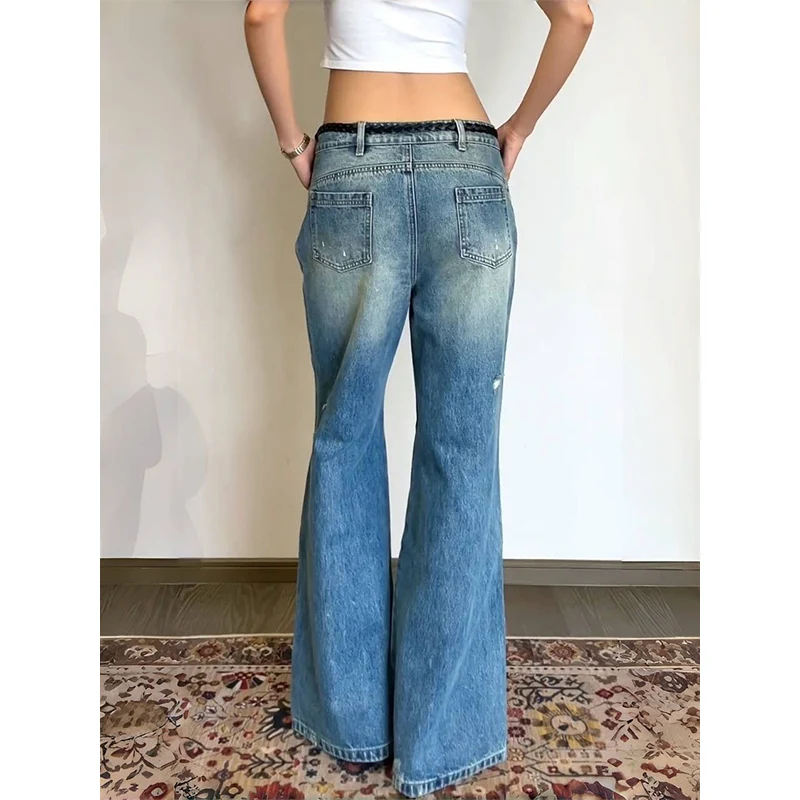 Mulheres americanas retro y2k 2000s rasgado azul jeans feminino solto perna larga calças jeans streetwear cintura alta calças retas