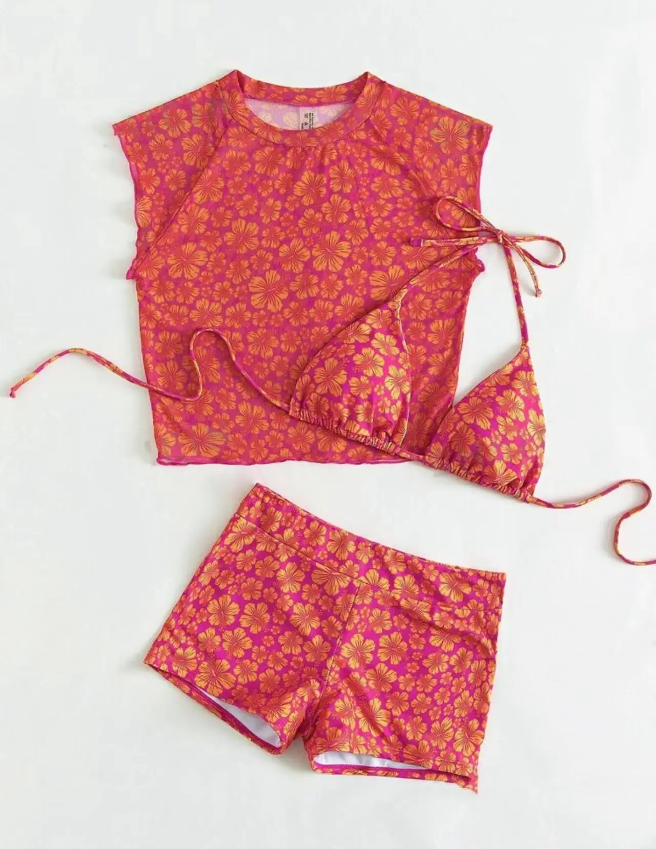 

Women 3 Pcs Red High Waist Bikini Sets with High Neck Crop Top Swimsuit Female Swimwear Floral Beach Wear Bathing Suits Shorts