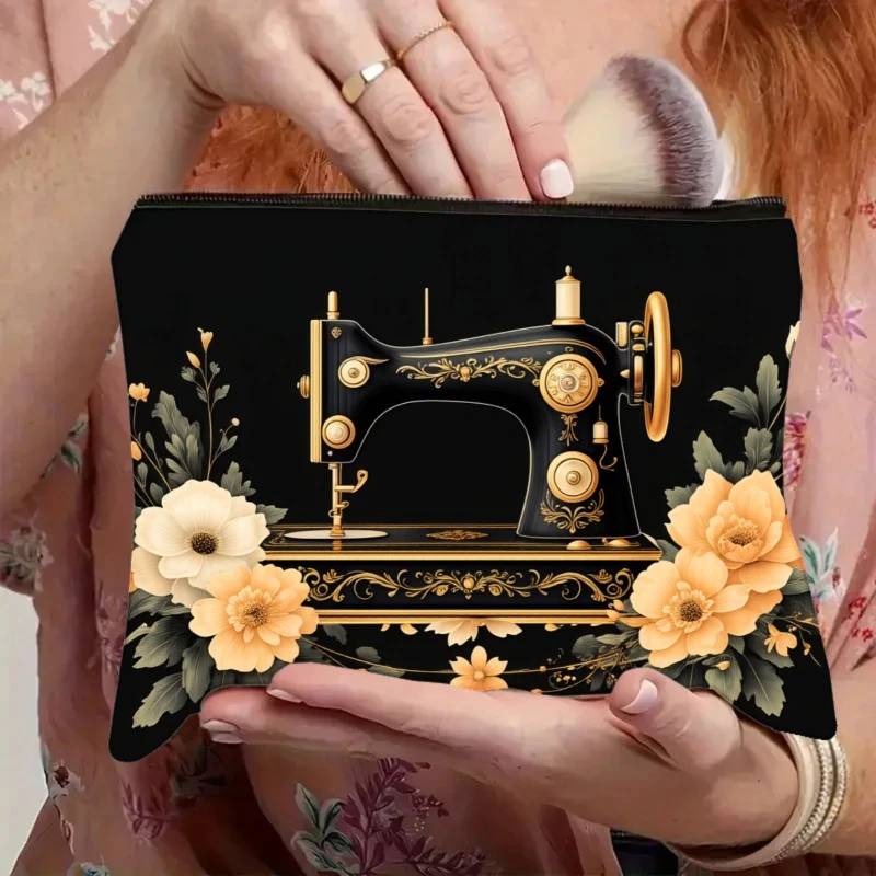 Vintage Sewing Machine with Floral Decoration Lightweight Foldable Zippered Makeup Bag Portable Storage Pouch Beauty Case