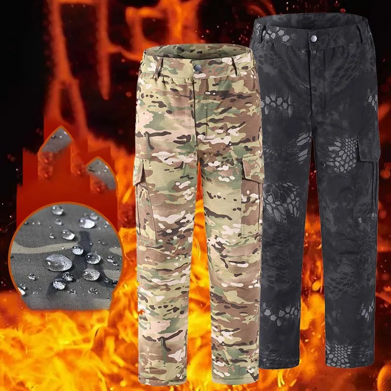 جديد الشتاء مبطن السراويل البضائع السراويل الرجال الدافئة إبقاء عادية متعددة جيب الرجال الشتاء القتالية كامو التكتيكية العمل بانت الذكور الملابس