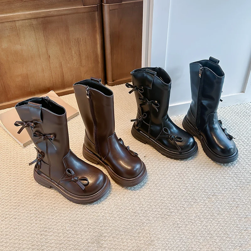 Girls Warm-lined Mid-calf Boots with Side Bow 2026 New Winter Kids Chunky Leather Boots Non-slip Trendy School Christmas Party