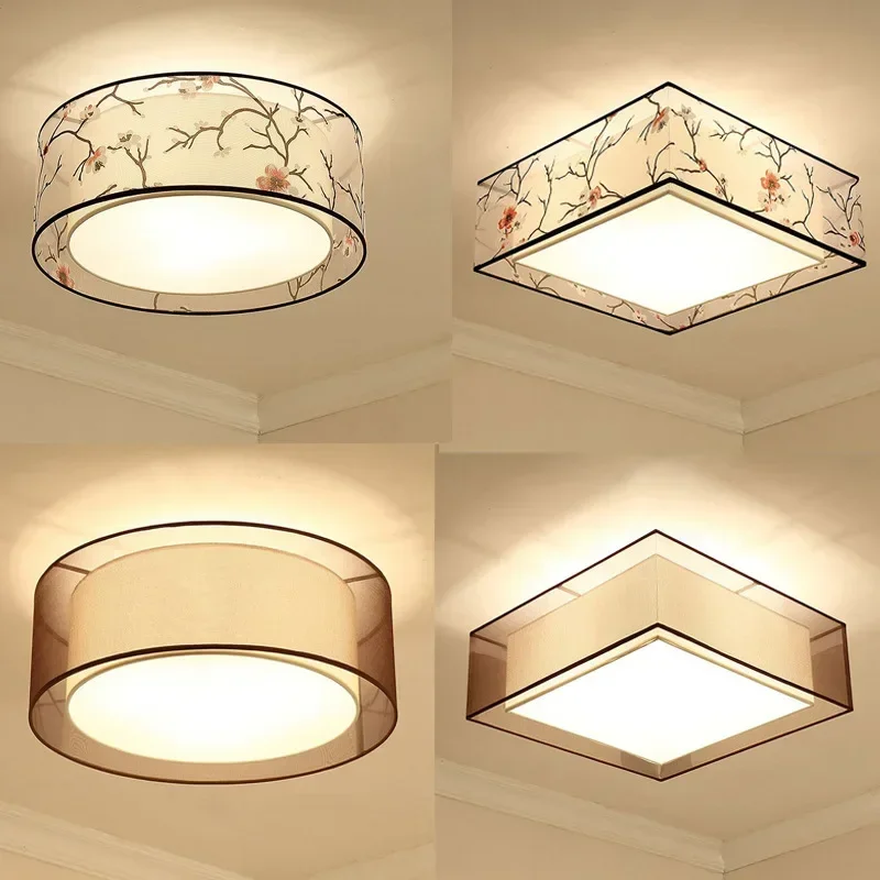 

Chinese Style Bedroom Light Cloth Round Atmosphere Simple Ceiling Light Chinese Style Square Room Light Tea Room Lighting