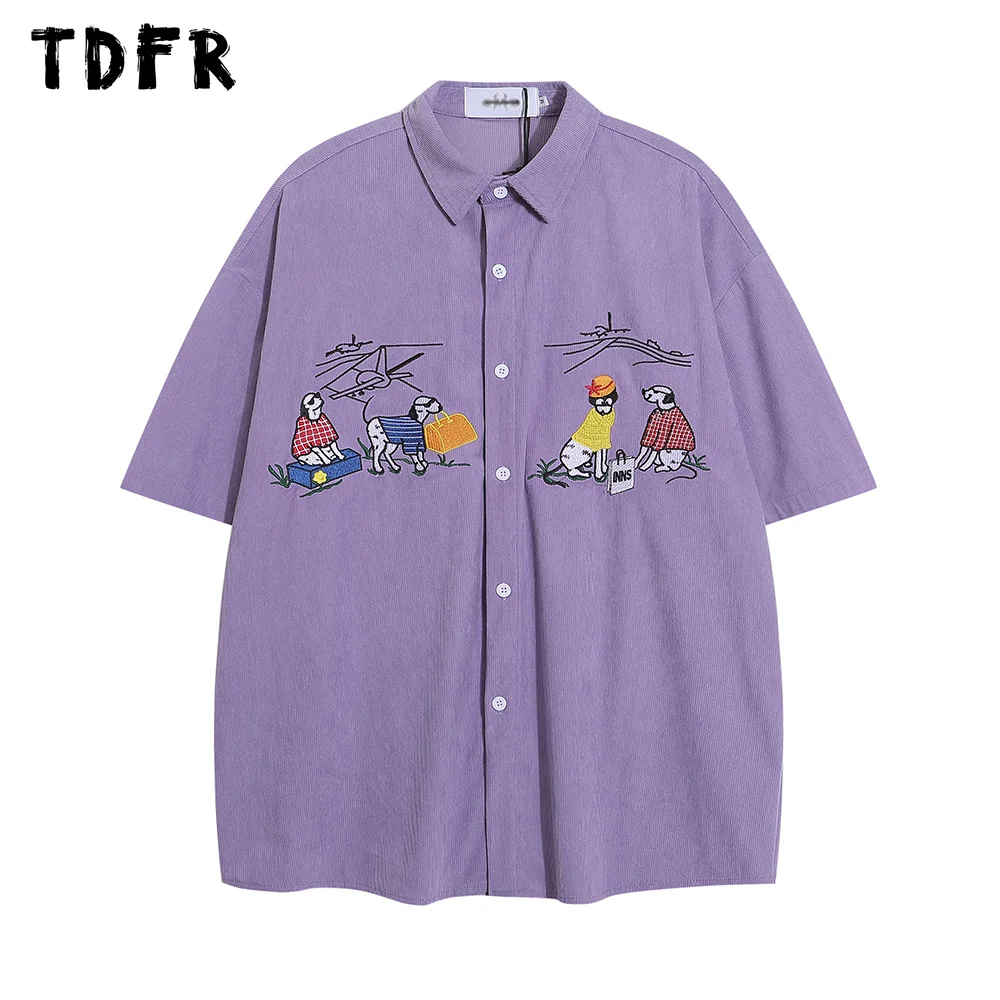 Puppy Embroidery Short Sleeve Corduroy Shirts Mens Summer Retro Streetwear Single Breasted Loose Lapel Half-Sleeve Shirts Men