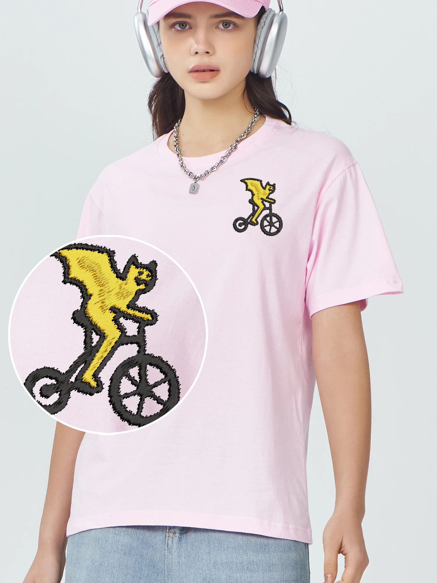 Bats Riding Bicycles Embroidered Short Sleeve Street Wear T Shirt Funny Gifts Tops & Tees Unisex Trendy Embroidery Clothes