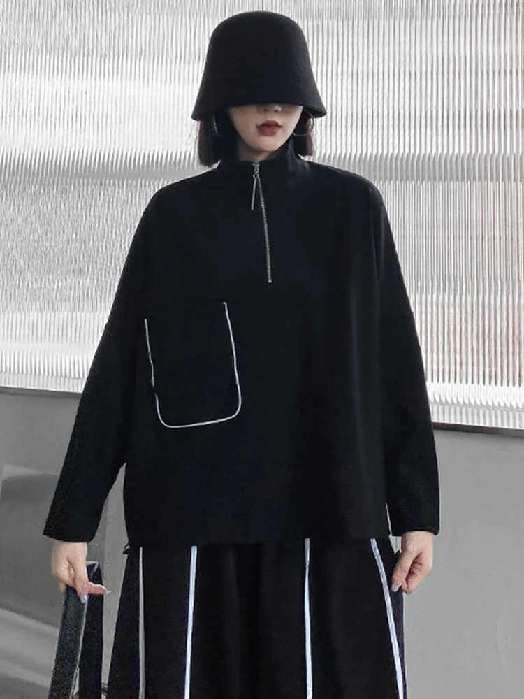 [EAM] Black Zipper Irregular Pocket Sweatshirt New Turtleneck Long Sleeve Women Big Size Fashion Tide Spring Autumn 2023 1DH7647