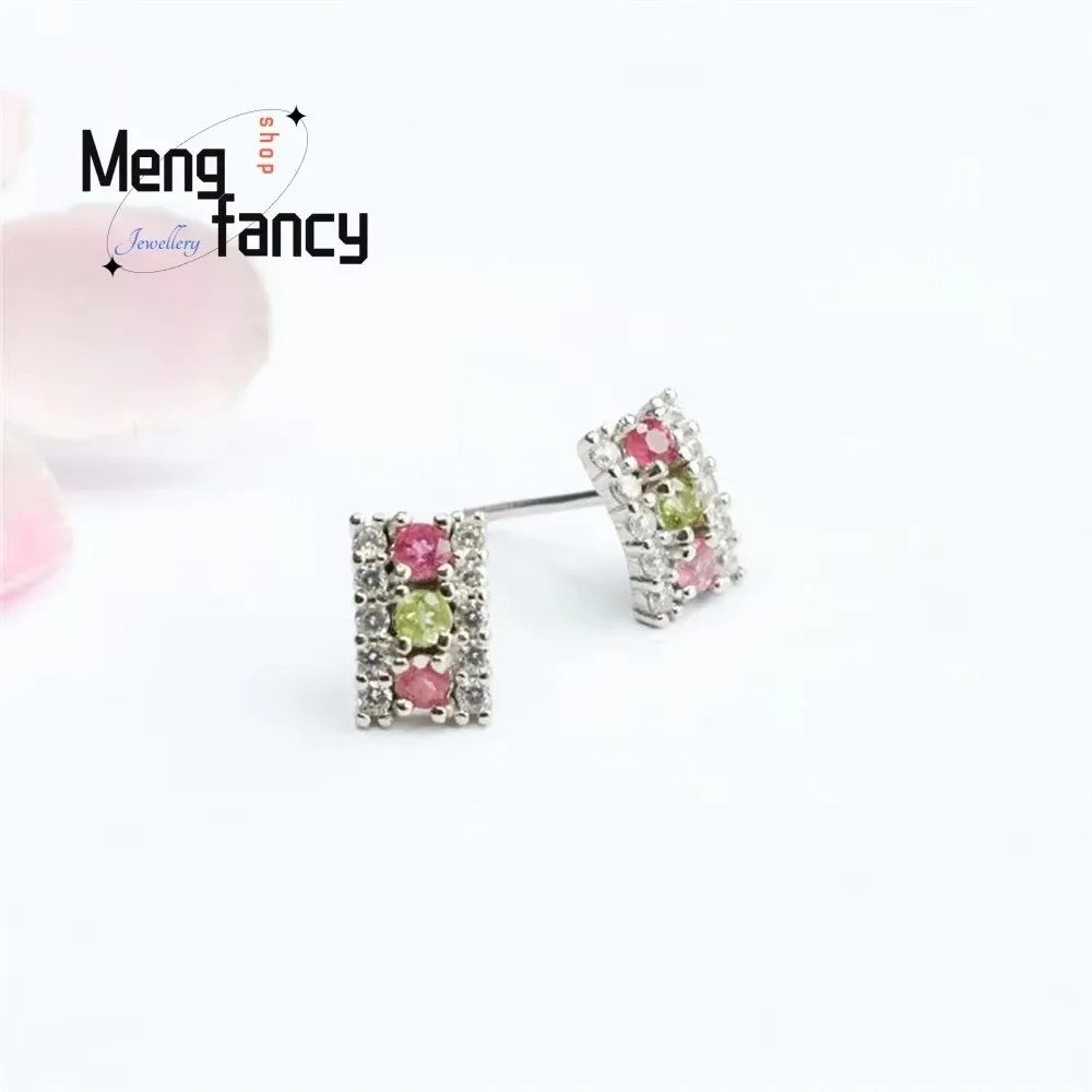 S925 Silver Pin Natural Tourmaline Earrings Square Earrings Hooks Colourful Exquisite Simple High-grade Luxury Fashion Jewelry