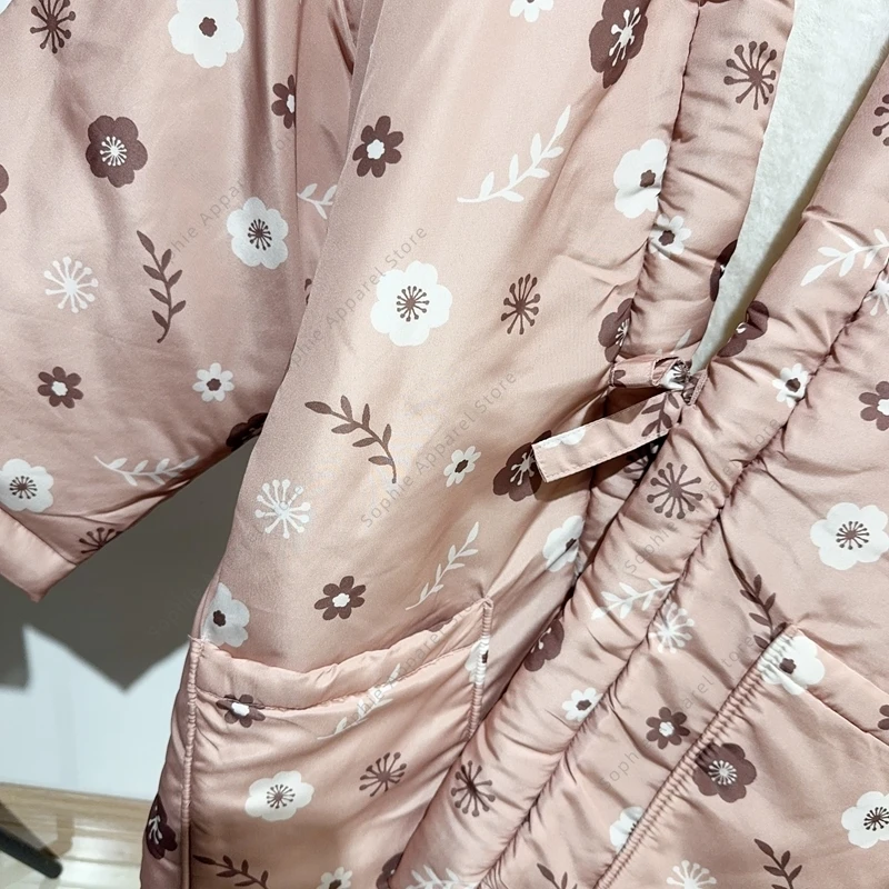 فضفاض اليابانية Hanten سترة زهر الكرز طباعة معطف مبطّن للنساء الدافئة كيمونو سترة سميكة الصوف المتسكعون Homewear #2