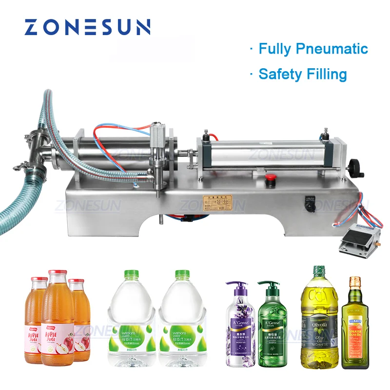 ZONESUN Fully Pneumatic Liquid Filling Machine ZS-YT1 Piston Drink Milk Bottle Packaging Filler Cosmetics Beverages Production