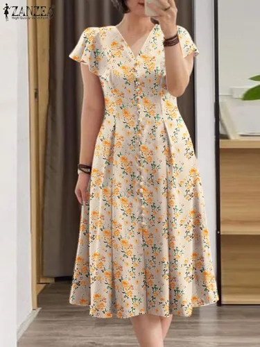 ZANZEA-vestido elegante de verano, moda con cuello de pico, manga corta, bata de fiesta para mujer, vestido veraniego estampado bohemio, Vestidos informales de trabajo OL 2024