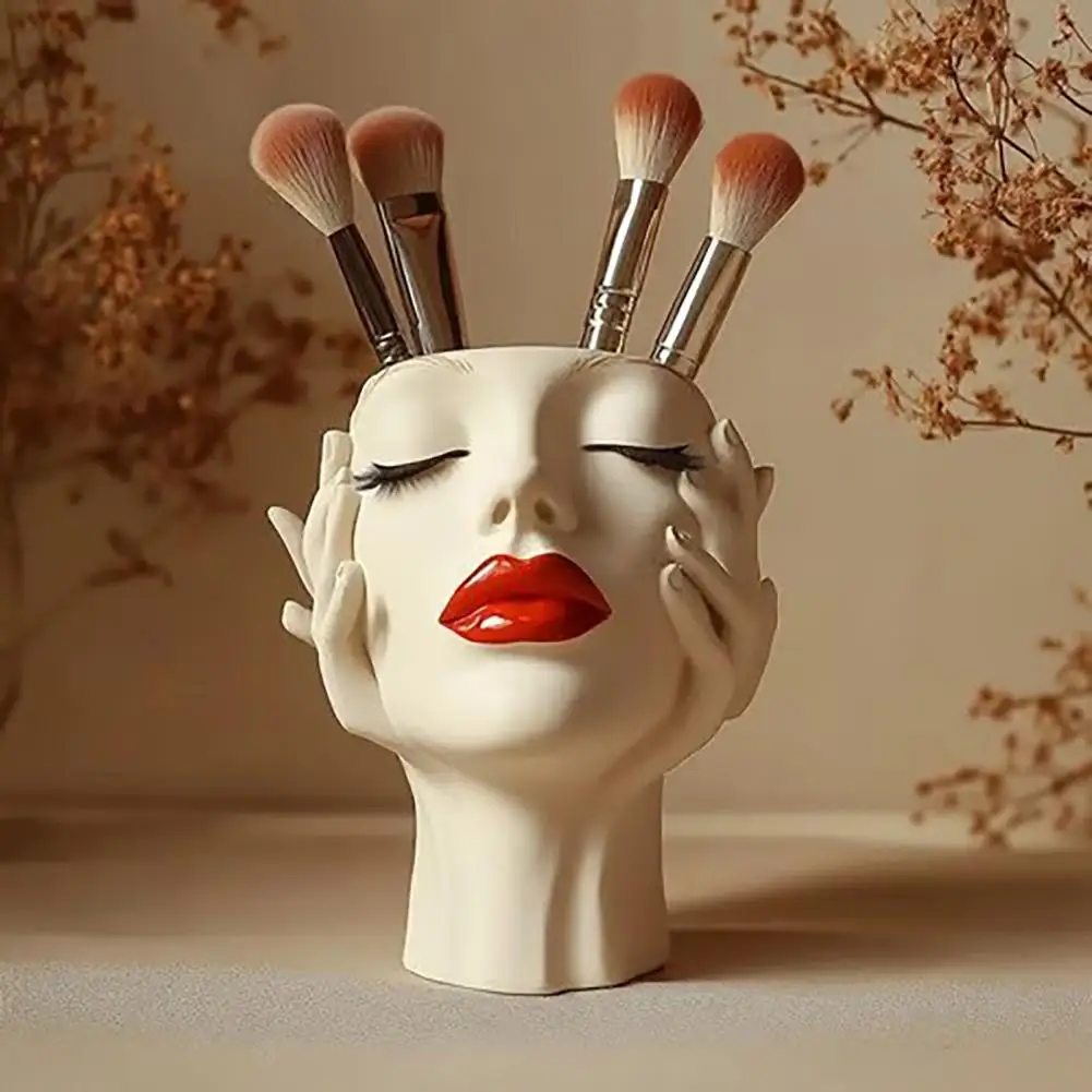 Face Vase Decoration Female Contour Pen Holder Handcrafted Vase Artistic Female Form Makeup Brush Organizer Minimalist for Home
