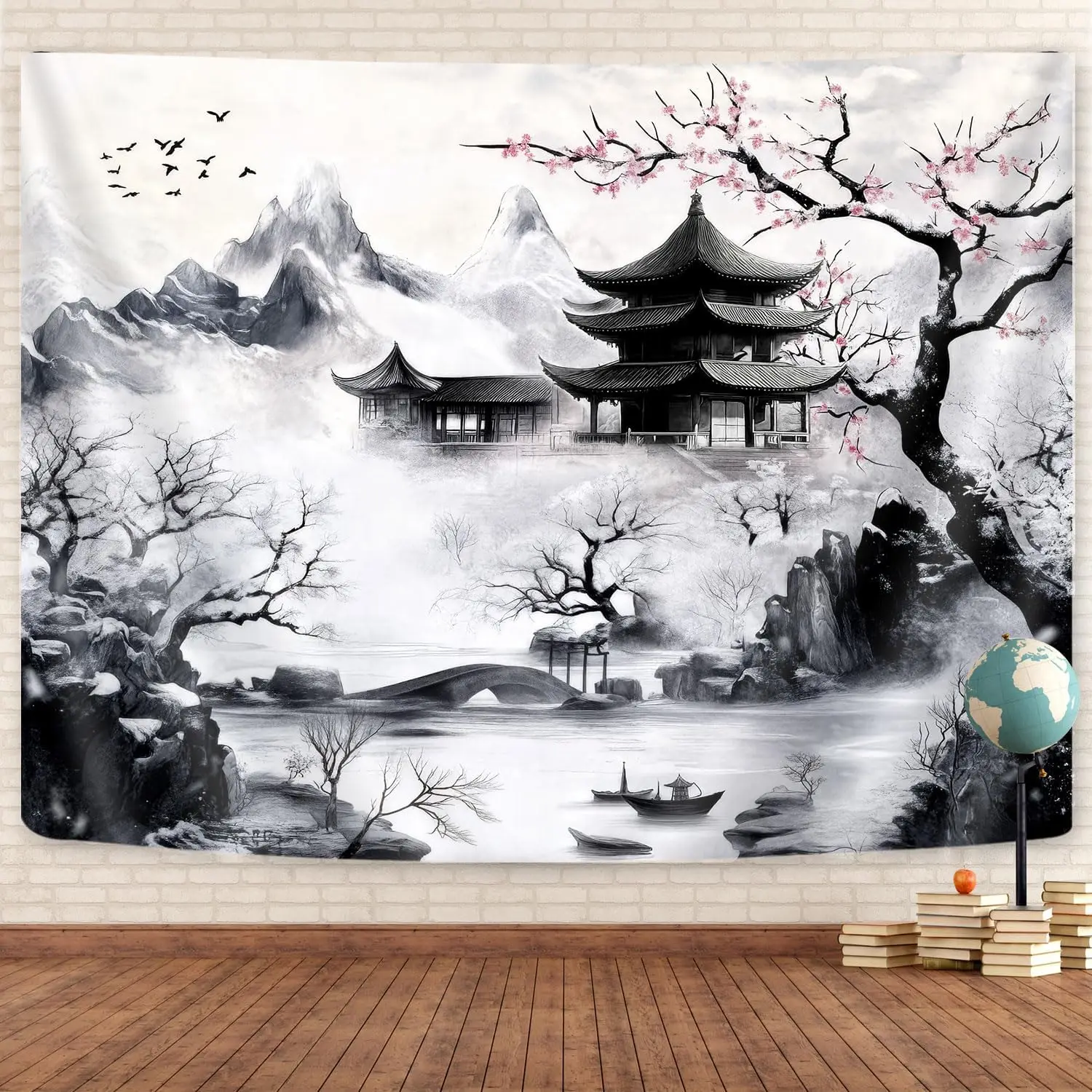 Tapastry japonés, tapiz de pared de anime de flor de cerezo blanco y negro para hombres, tapices de pintura de tinta abstracta de paisaje asiático