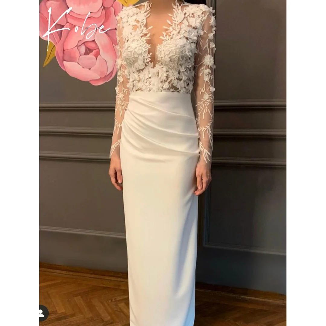 

Kobe White V-Neck Prom Dresses Long Sleeve Lace Embroidery Customized فساتين سهرات Ankle-Length vestido de gala noche mujer