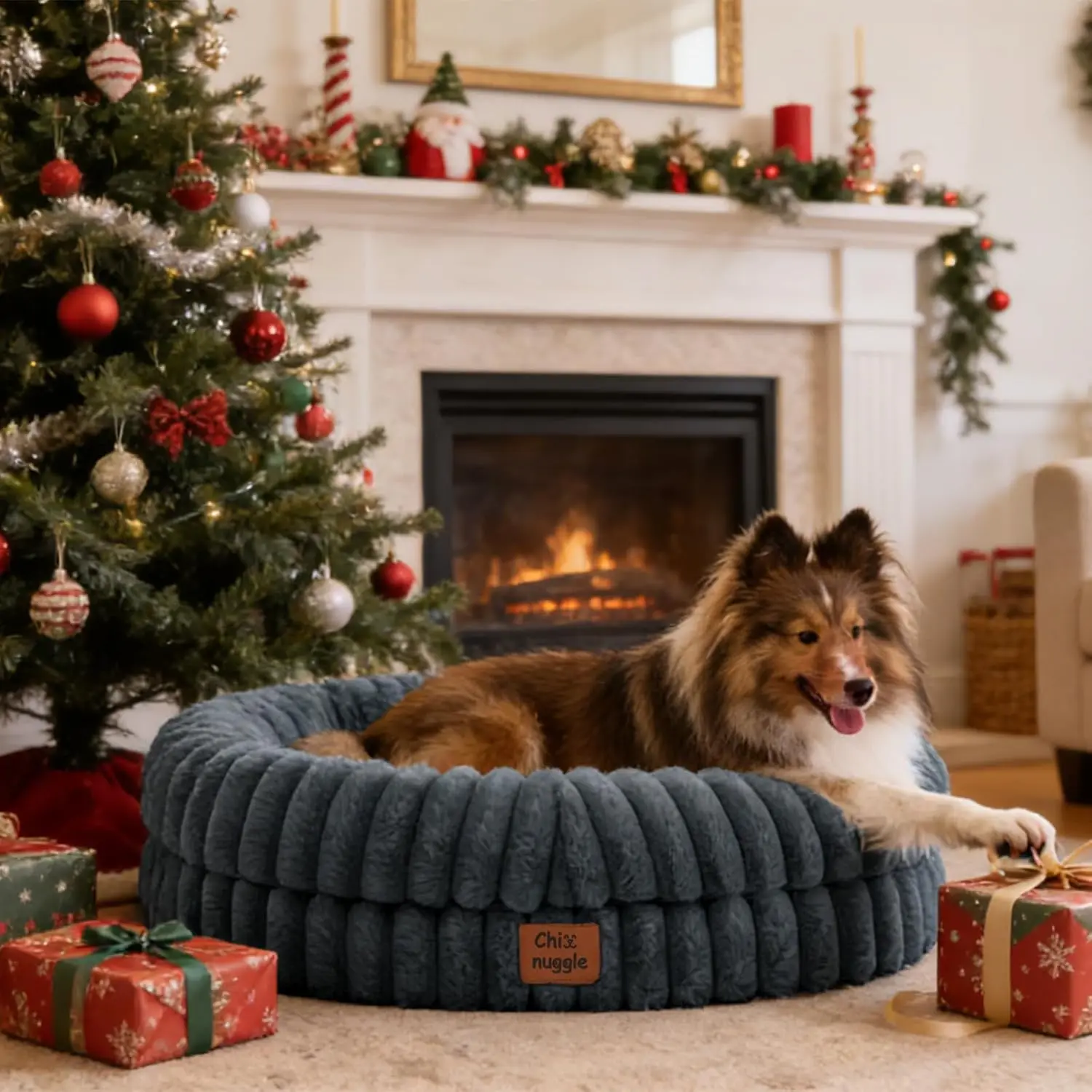 

Medium Dog Bed - Luxury Striped Faux Fur Waterproof Orthopedic Pet Couch with Removable Washable Cover, Dark Grey