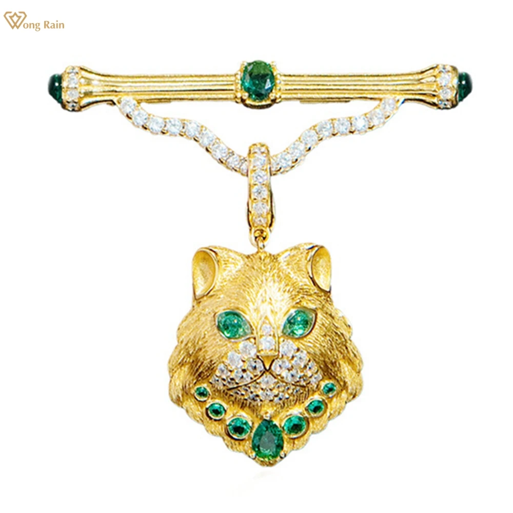 

Wong Rain Sparkling Solid 925 Sterling Sliver Emerald High Carbon Diamond Gemstone Cat Brooches Fine Jewelry Anniversary Gifts
