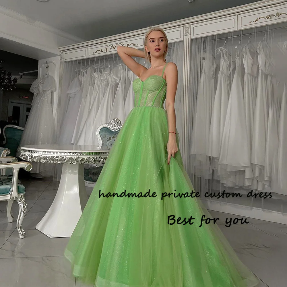 

Sparkly Green Fairy Prom Dresses Bone Corset Sweetheart Evening Party Dress Spaghetti Straps A Line Celebrate Gown Floor Length