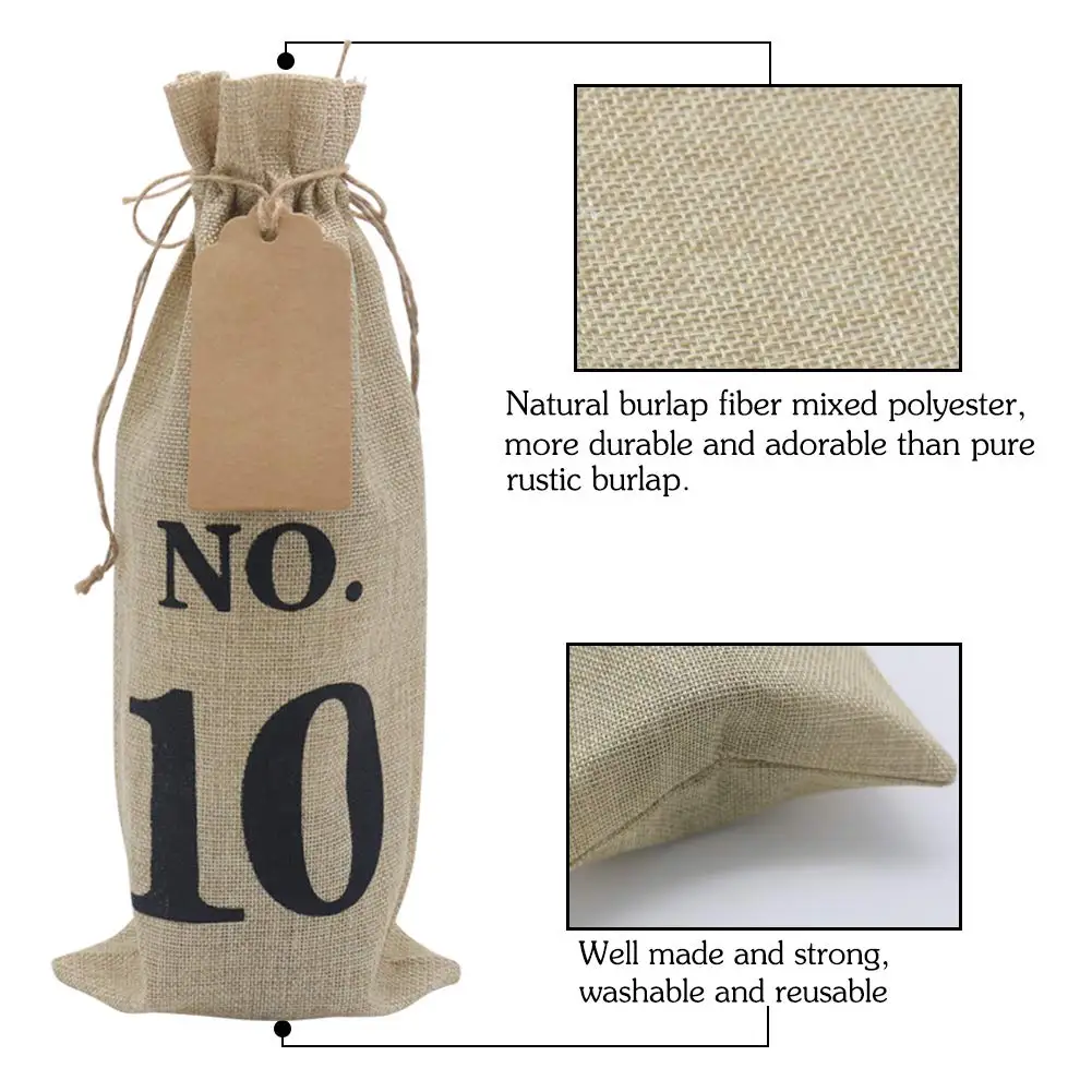 10Pcs Burlap Wine Bags with Tags for Blind Wine Tasting Numbered Hessian Cloth Glass Bottle Gift Bags for Christmas Wedding P