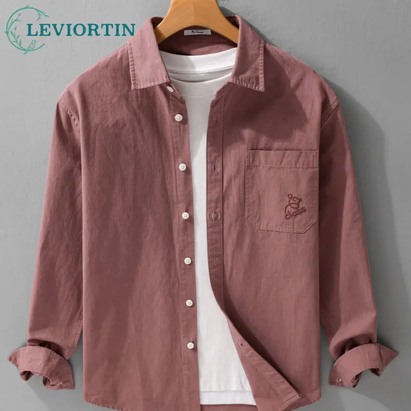 

Мужская модная универсальная однотонная рубашка с длинными рукавами и свободным воротником, повседневная карманная вышивка в стиле ретро, модный топ высокого класса