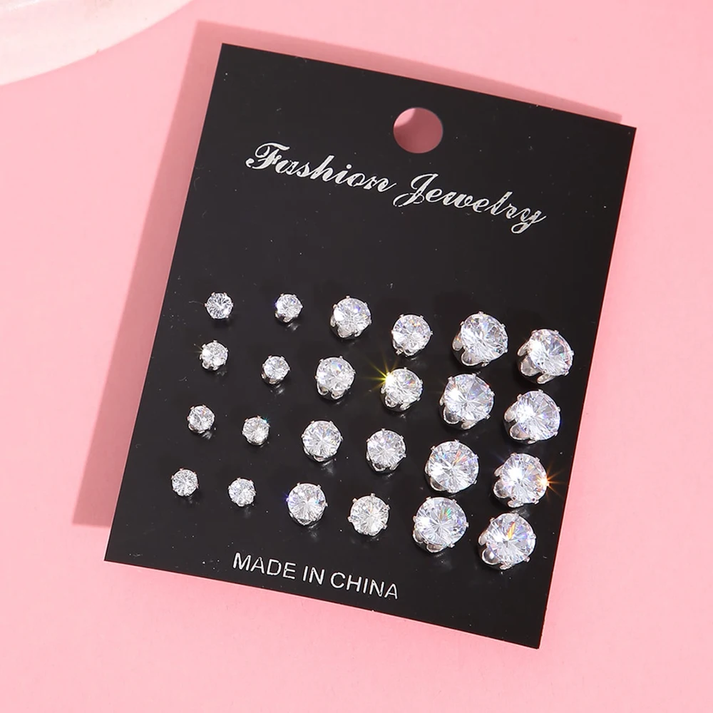 12Pairs Shiny Classic Geometric Big Silver Color Zircon Stud Earrings for Women Girls Fashion Round Piercing Earrings Jewelry