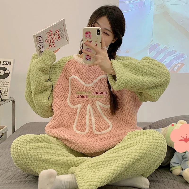 

coral fleece Women's pajamas winter sweet plush Sleepwear homewear thicken fleece-lined keep warm Pajama loose two-piece set