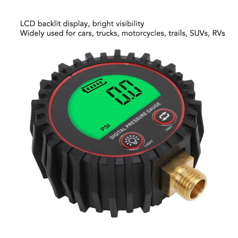 LCD Display Digital Pressure Gauge 3 Optional Thread Specs Multi Pressure Unit Switchable Digital Tire Gauge Anti-Impact