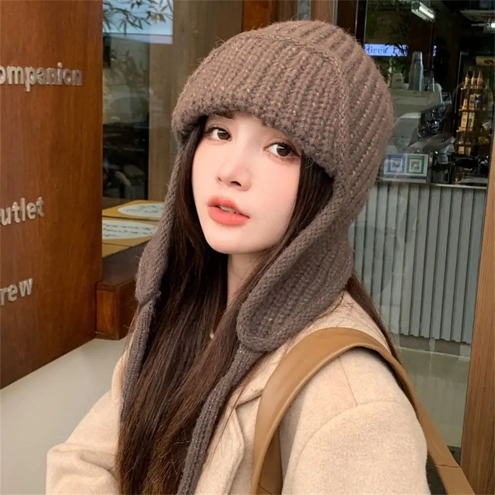 Casual Solid Color Knitted Hat Thickened Winter Warm Bonnet Caps Ear Protection for Women Girls