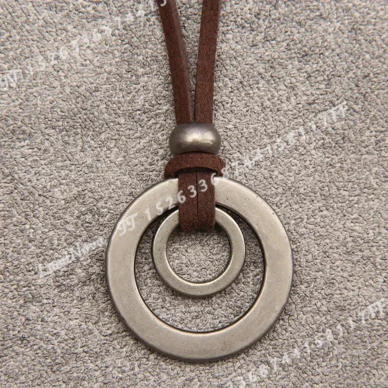 1pc Retro Simple Double Ring Alloy Pendant Necklace Adjustable Flannel Rope Long Short Necklace for Men