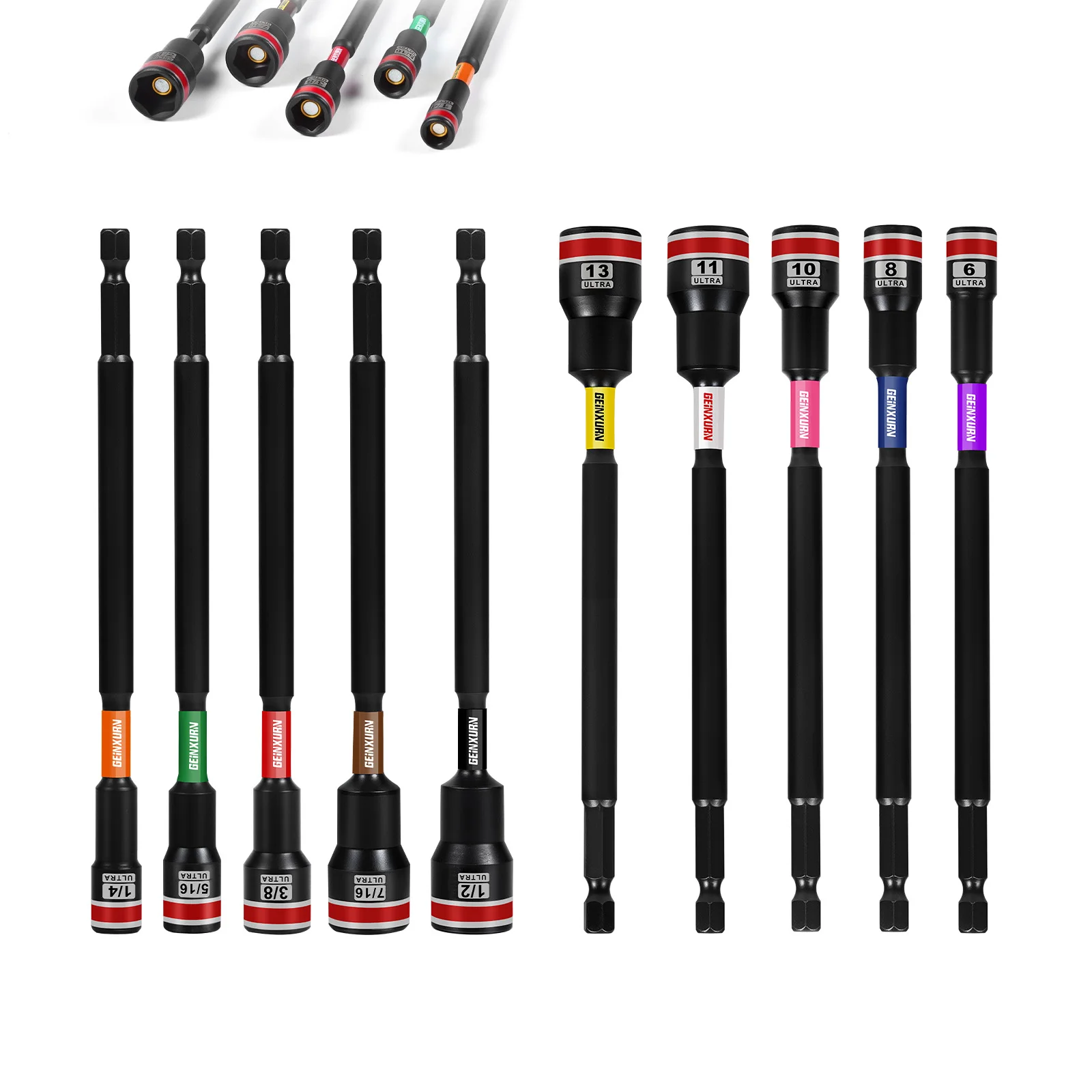 Geinxurn Impact Nut Driver Set, 6”Long 8/10/13mm Metric Nut Setter Set 6 Point Alloy Stee with Portable Storage Cases