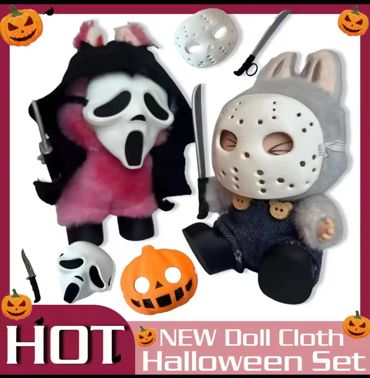 

For Labubu Doll DIY Halloween Terror Mask Outfit Set – 17cm V1/V2/V3 Vinyl Doll Clothes with MP5 and Metal Bag Accessorie