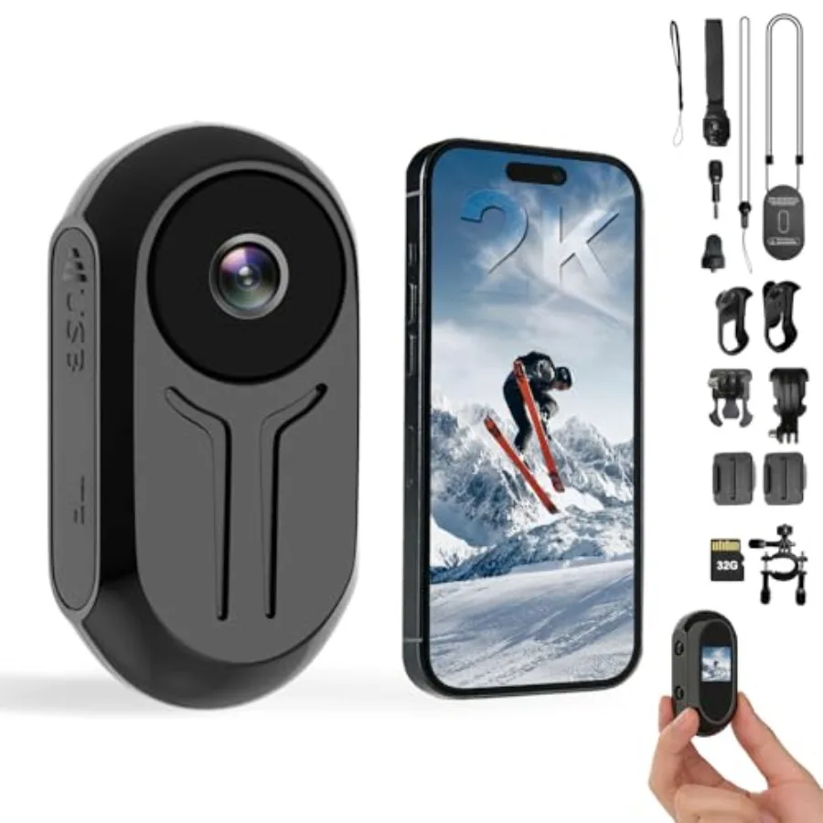 2K Body Cam for Sports Ski Travel, ABS Plastic, Black, Thumb Action Wearable POV Camera with 32GB Card, Multi Accessories APP