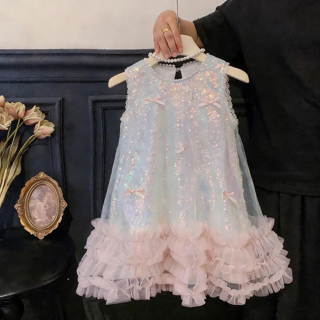 Süßes Mädchen-Partykleid mit Schleifendekoration, Pailletten, Netzstoff, ärmellos, Rüschensaum, Prinzessinnenkleid, Geburtstagskleid für 2-8 Jahre, Pailletten-Tüllkleid