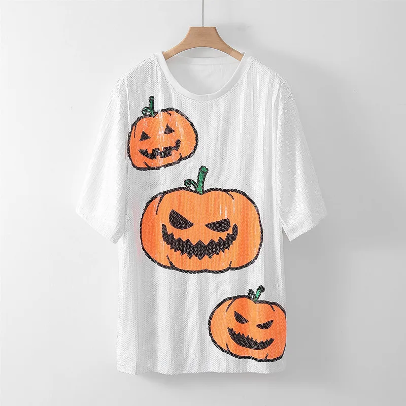New Fashion Sequin Printed Women Halloween Short Sleeved T-shirt Simple Round Neck Female Casual Loose Tops