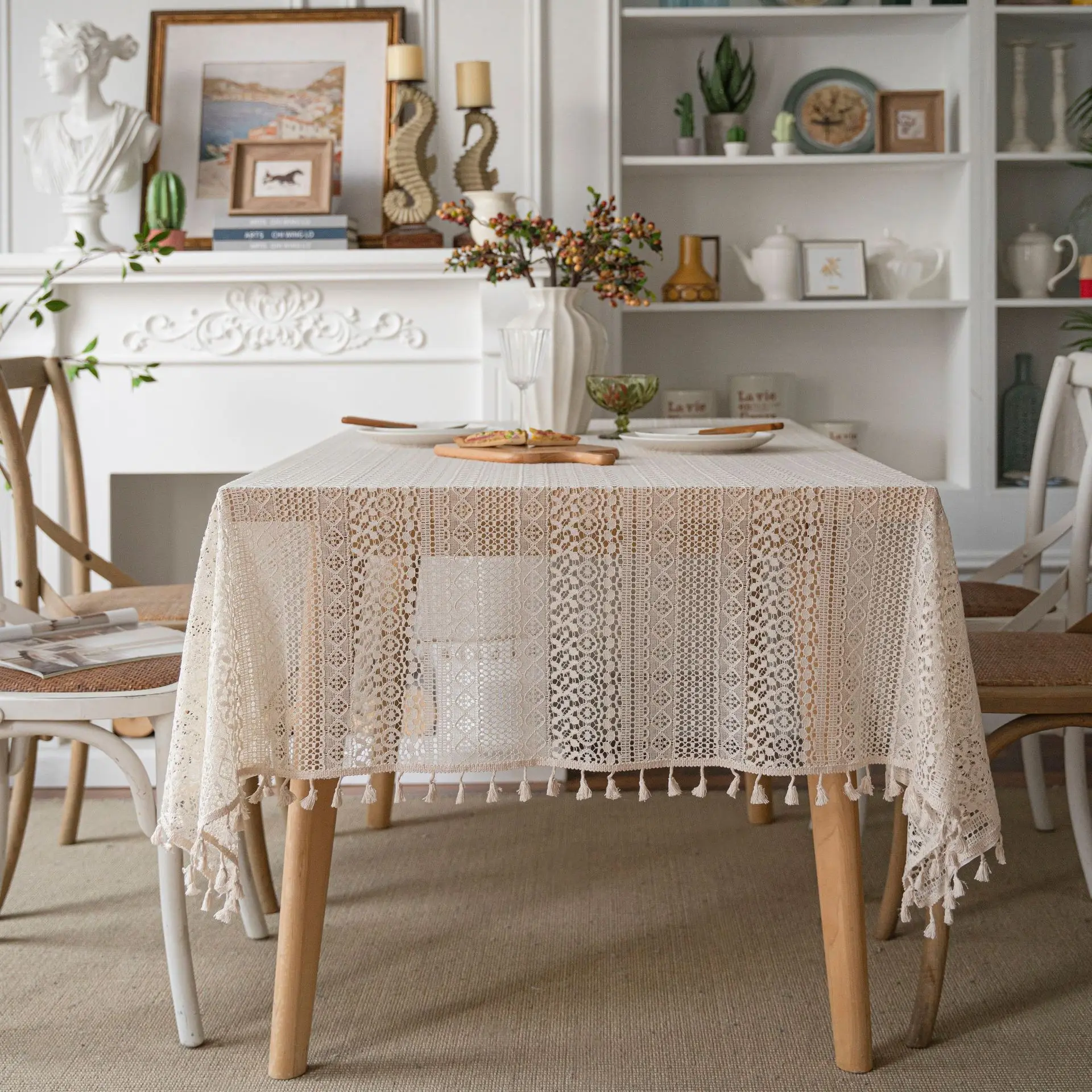 Pastoral Style Lace Table Cloth Tassel Design Vintage Table Cover Dining Room Table Cover Home Decor Solid Classic Tablecloth