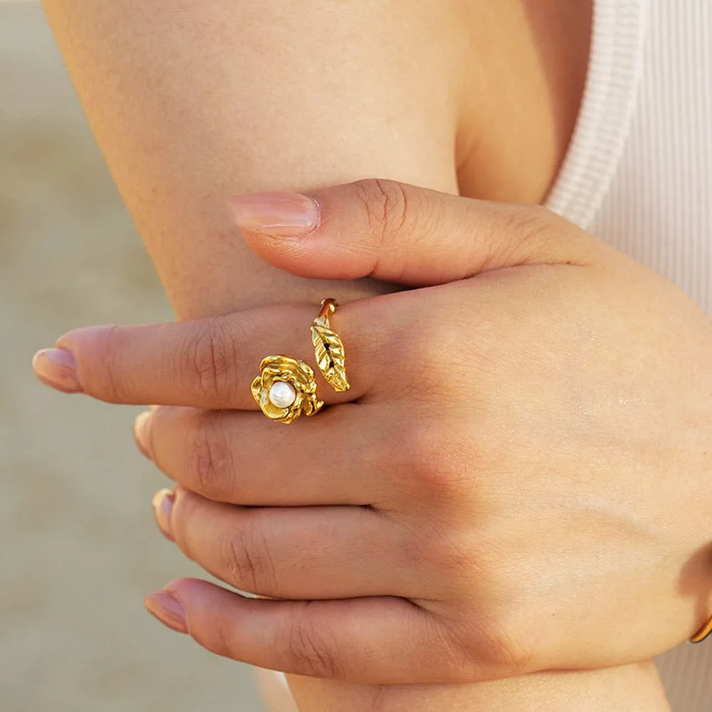French Vintage Pearl Rings Set for Women 14K Gold Plated Baroque Pearl Ring Twisted Chunky Statement Finger Rings Jewelry Gift view 6
