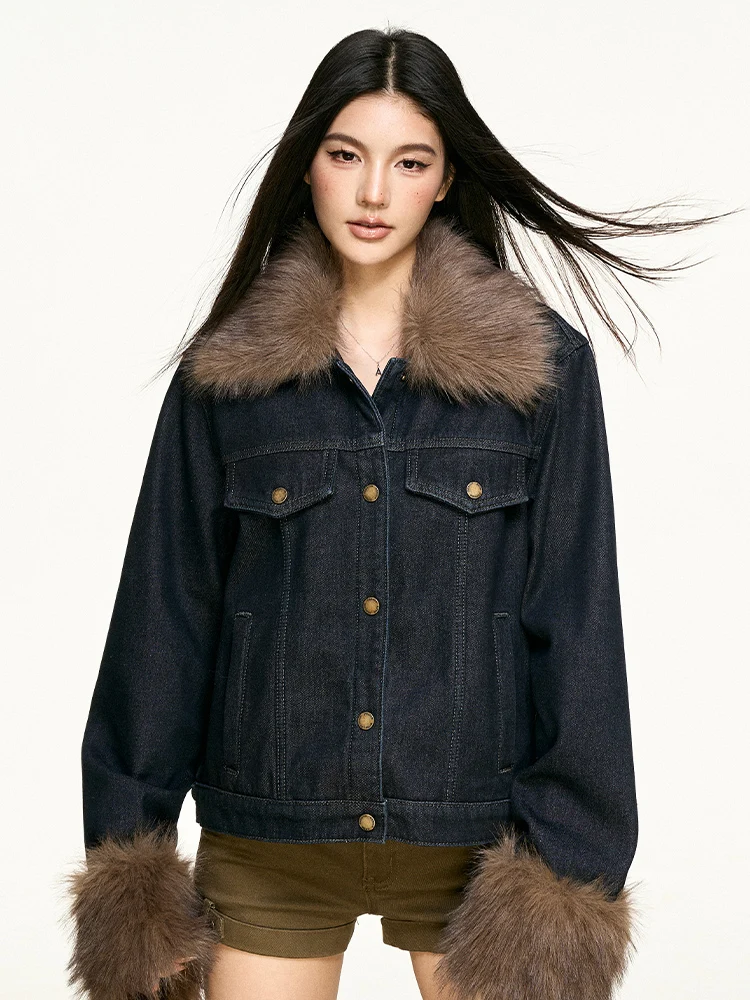 

Aaisup American Sle Thiened Winter Denim Jaet Women's Loose Fit Warm Fur Collar Workwear Coat Long Sve ort Length