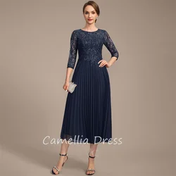 New Scoop Illusion Mother Of The Bride Dress A-line Tea-Length Chiffon Lace Formal Dresses Vestidos Mae Da Noiva Casamentos