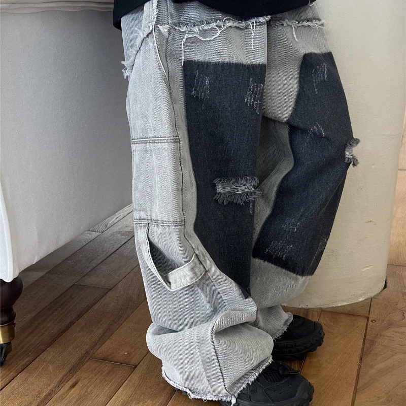 

2025 Autumn Children's New Waste Soil Wind Adhesive Cloth with Broken Lines and Holes Western Style Cowboy Pants