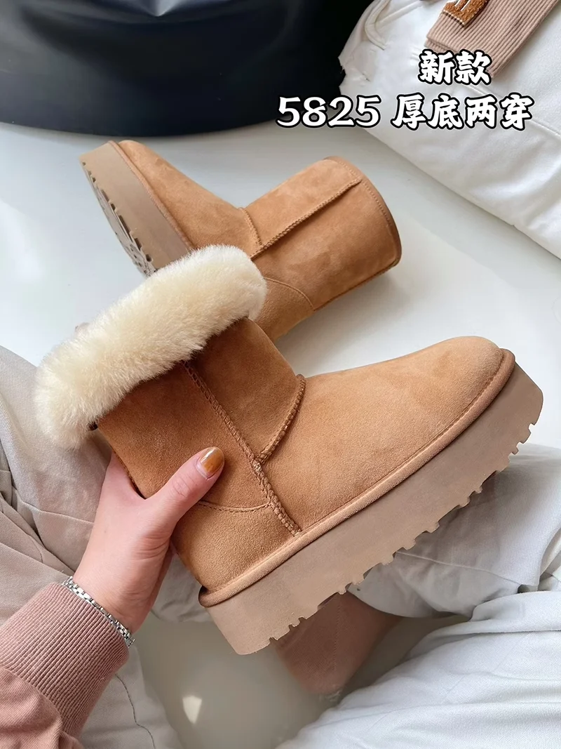 AOBREUGG 플랫폼 스노우 부츠, 가죽 리얼 울, 천연 모피, 겨울 면 신발, 4.5cm