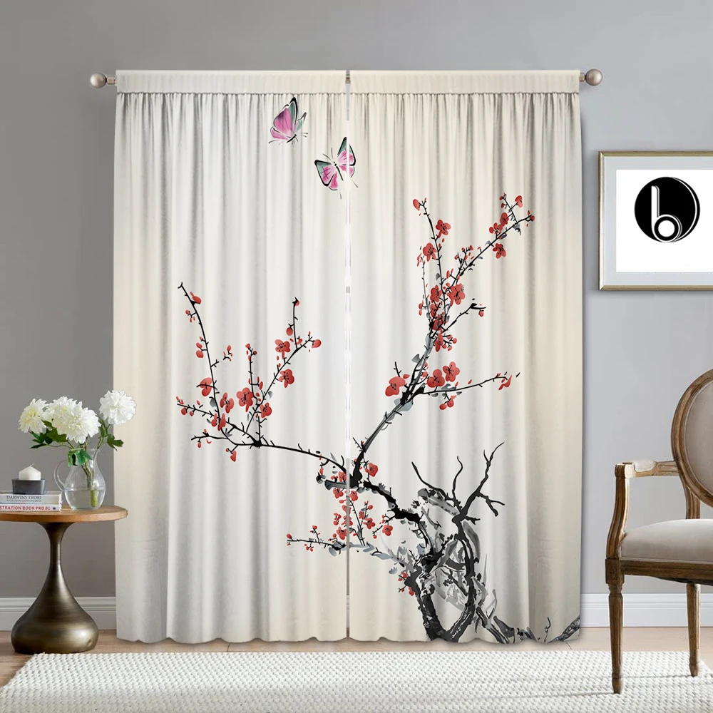 2PC Home Decoration Screen Curtain, Wax Plum Background Screen Curtain Suitable For Kitchen, Coffee Shop, Living Room, Balcony