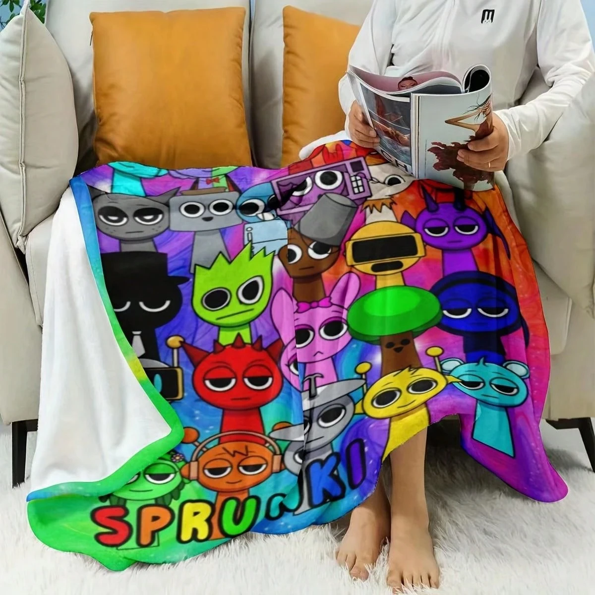 1pc Sprunki Rainbow Characters Flannel Blanket, 2D Flat Print, All-Season, Cozy Throw for Kids Bedroom, Living Room, Camping & G