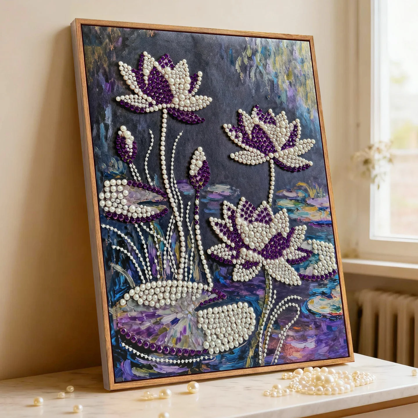 

Modern Simple Sle DIY Monet Water Lily Diamond Painting Pearl Paste Decorative Living Room Hanging Picture Frame Kit