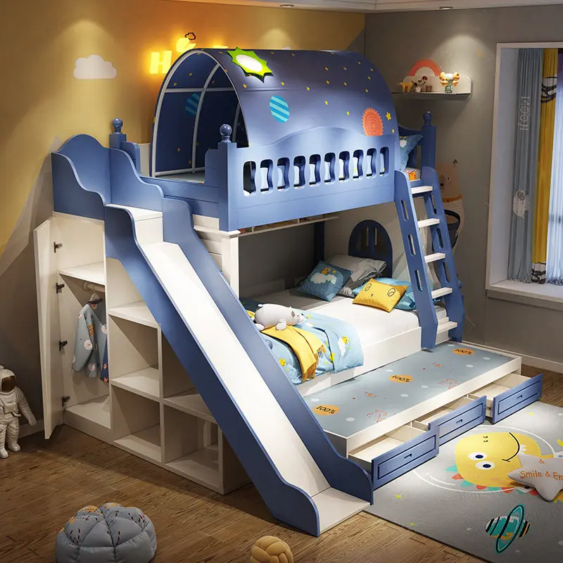 upper and lower beds, upper and lower bunks in high and low small apartments, combination of mother and child bed slides