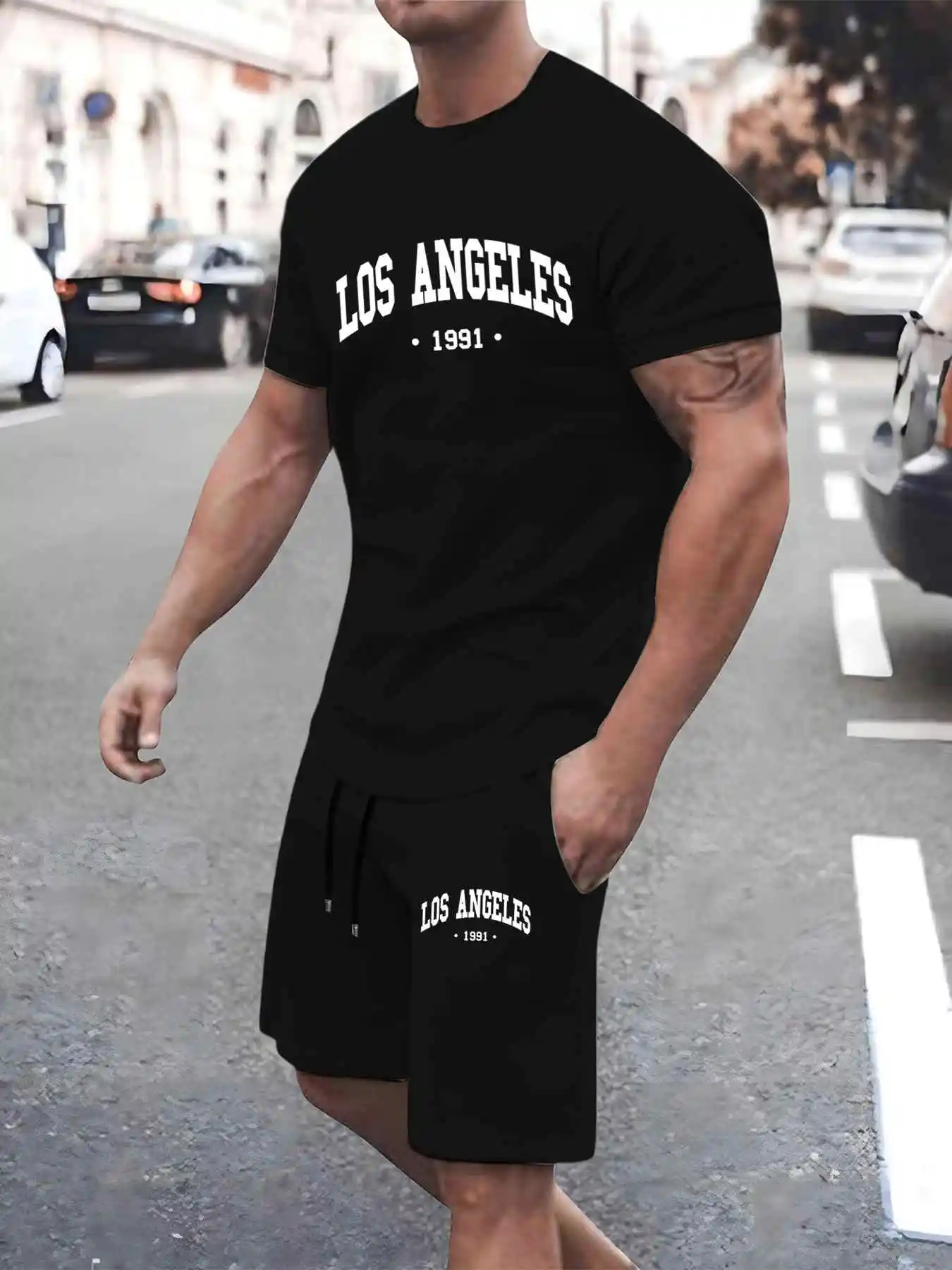Mens Short Sets Summer Suit Outfits 2 Piece 2025 New Fashion Loose Los Angeles Graphic Print Oversized T-shirt Shorts Mens Sets