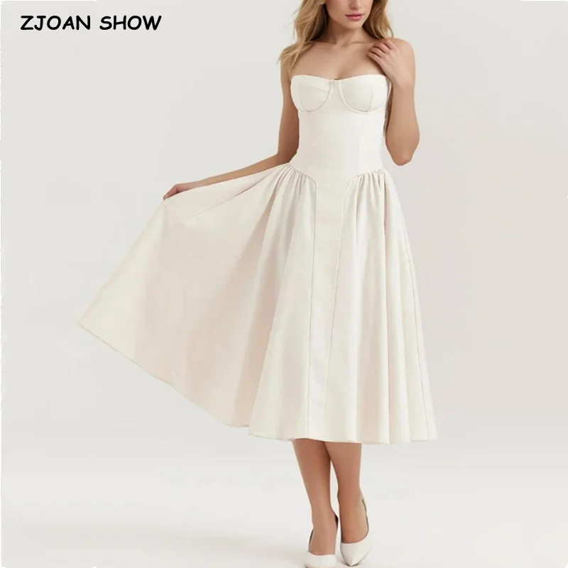 2024 Romantic Bra with Wire Corset Style Low Waist Spliced Ruched Pleated Swing Long Midi Dress Women Sexy Summer Sling Robe