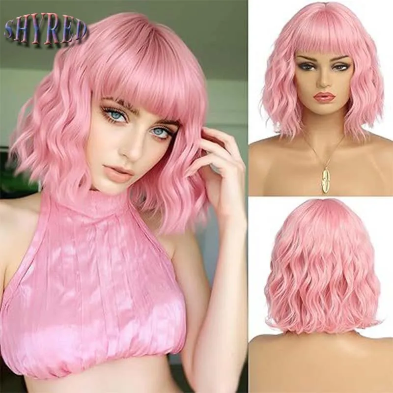 

Synthetic Short Bob Curly Wigs with Bangs Pink Fake Hair for Women Daily Cosplay Party Wigs Heat Resistant