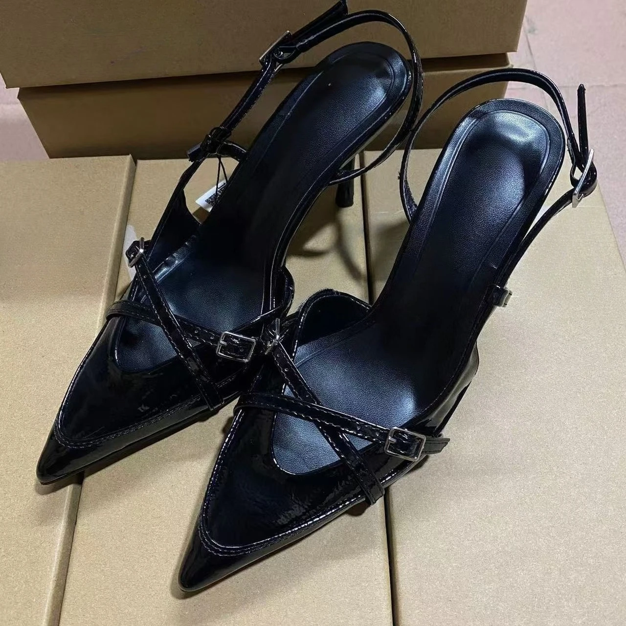2026 New Summer Cross Buckle Strap Pointed High Heel Sandals British Style Mule Shoes for Women