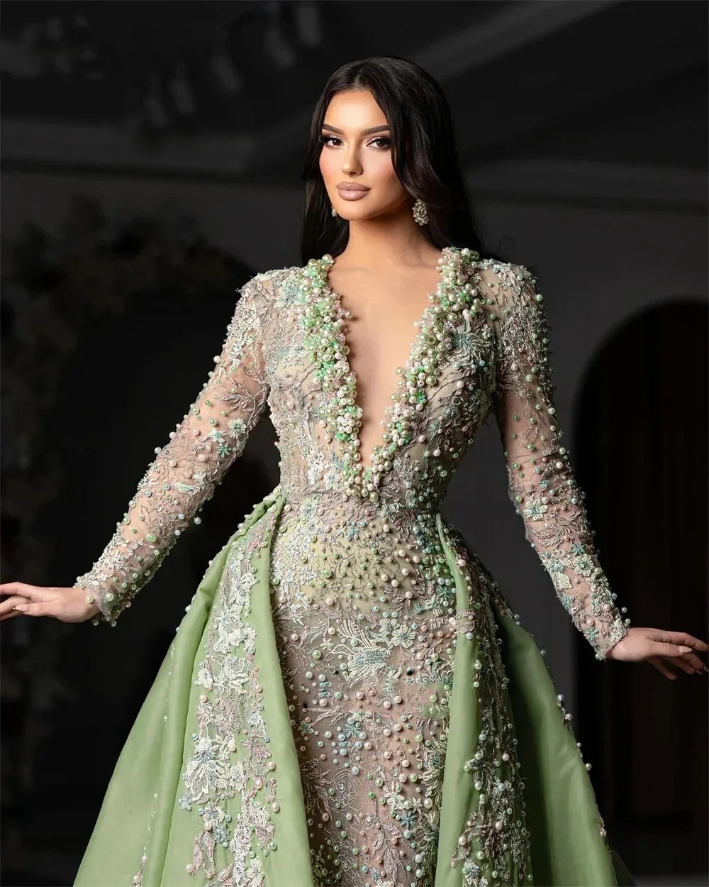 Mintgrünes, verziertes Abendkleid 2025, luxuriöses, perlenbesetztes Meerjungfrauenkleid, abnehmbarer Schwanz, Arabia, formelles Party-Abschlussballkleid, individuell gestaltet
