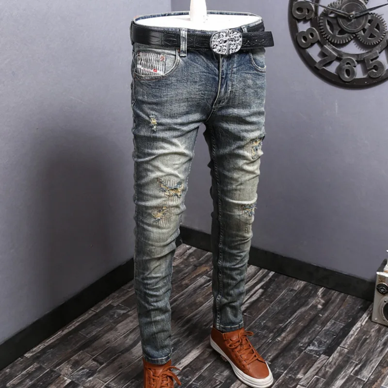 America Hip Hop  Ripped Designer Skinny Denim Pant Men Luxury Blue Jean Men High Street Punk Rock Brand Jeans Jean Noir Homme