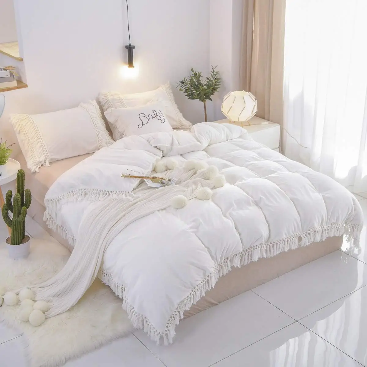 

Velvet Bedding Set Long Tassel Flannel Queen 3Pcs Duvet Covers Elegant and Luxury Ruffle White Warm with