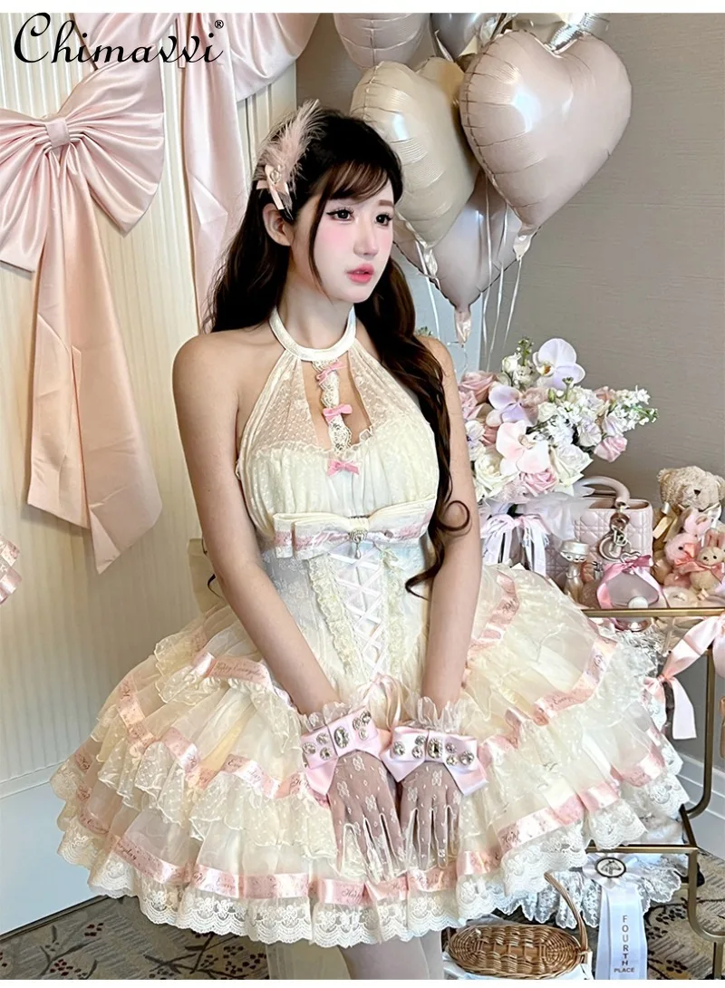 Original Ballet Style Sweet Girl Satin Ribbon Halter Dress Sexy Women Sleeveless High Waist Elegant Party Lolita Princess Dress