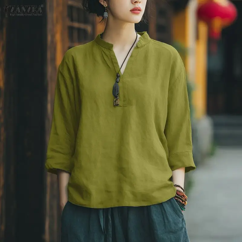 ZANZEA بلوزة كلاسيكية موضة 2025 قمصان نسائية غير رسمية سترة علوية أنيقة فضفاضة للعمل 3/4 كم على شكل حرف v بلوزات مكتب للسيدات #2